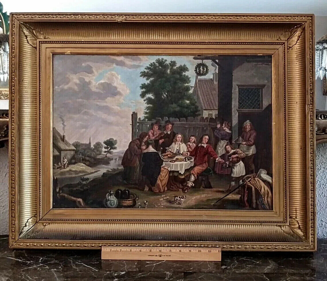 Antique Oil Painting The Feast of the Prodigal Son After David Teniers ca1644