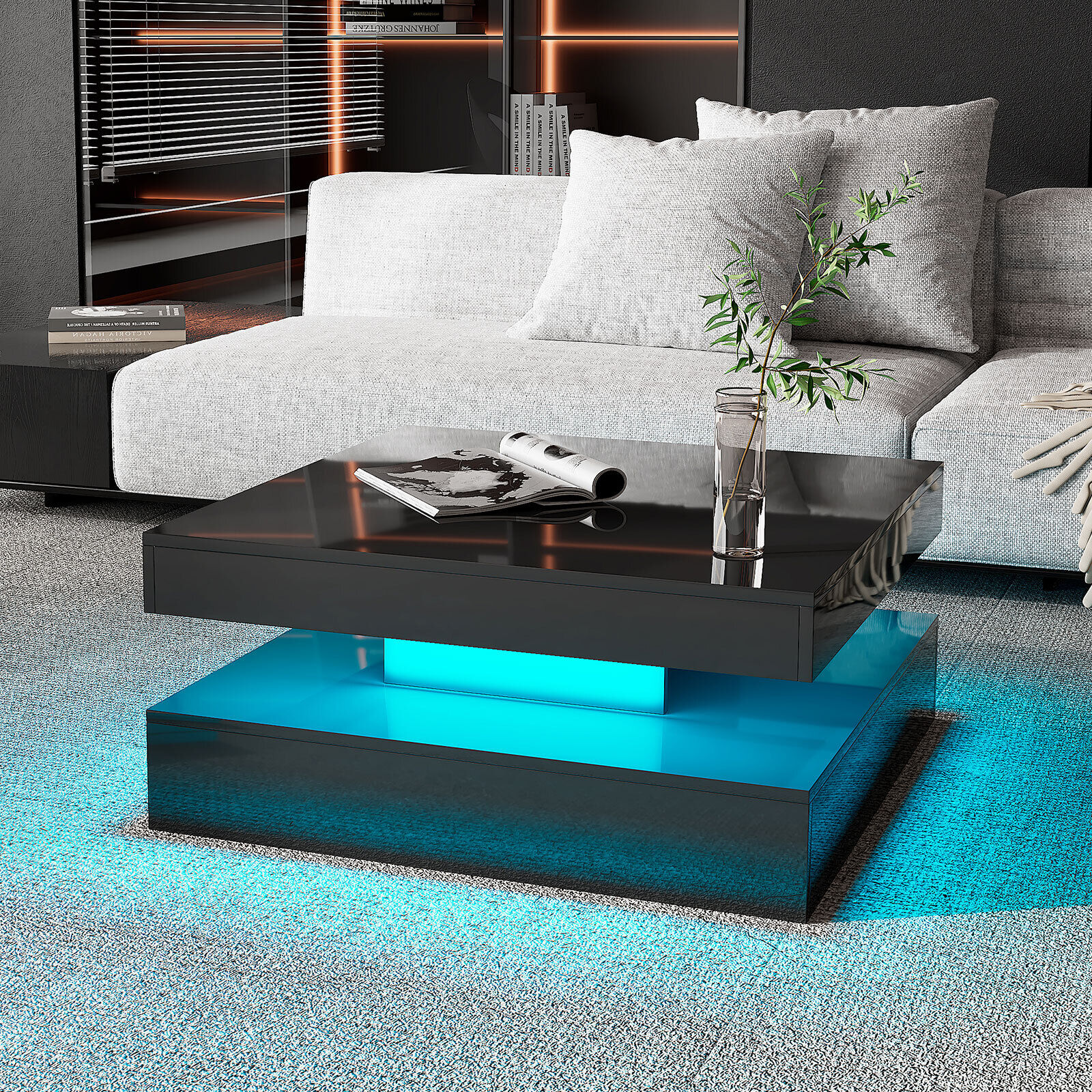 High Gloss Coffee Table Modern w/ LED Lights Center Cocktail Table Living Room