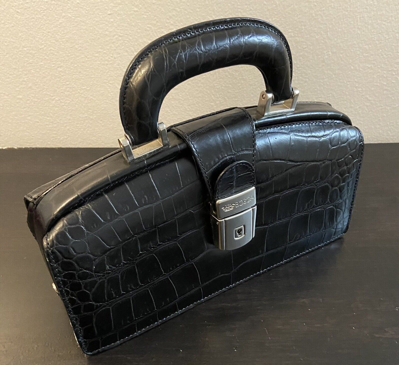 BOSCA Small Black Doctor Bag/handbag Leather Crocodile Style Made In Italy