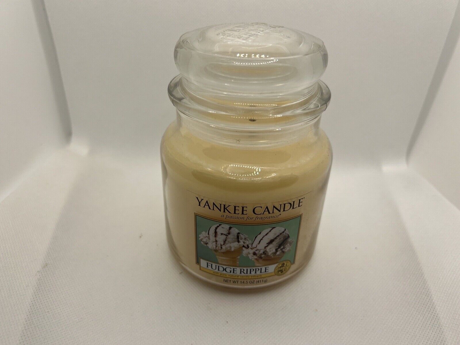 Yankee Candle “Fudge Ripple” 14oz. Medium Sized Jar-Retired Scent-HTF Barely Lit