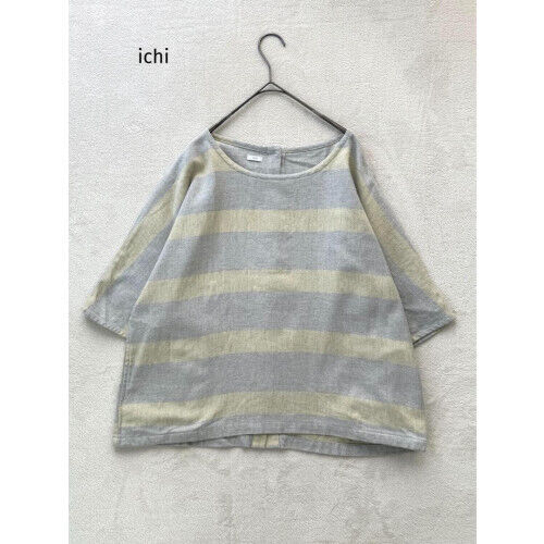 ichi Striped Cut and Sew Pullover Linen Cotton Short Sleeve Yellow Gray