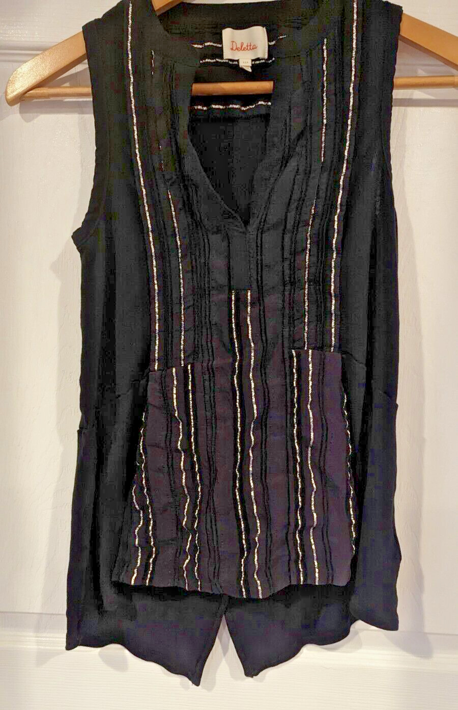 Deletta By Anthropology Black  Henley Tunic Metallic Thread With Tails Rock Glam