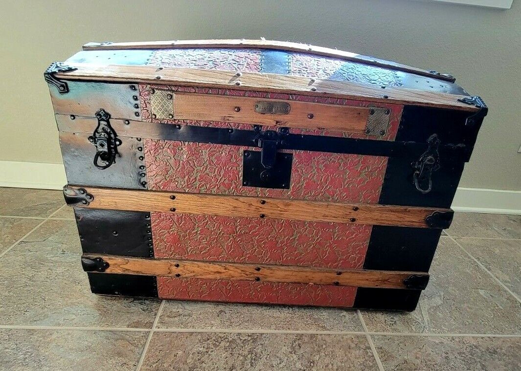 Vintage Geo Burroughs and Sons Trunk Wood, Leather, Ornate, Very Rare