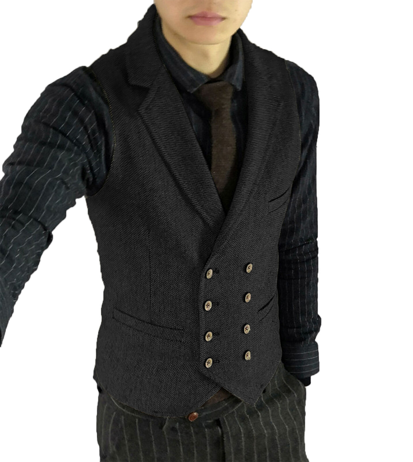 Mens Tweed Waistcoat Vests Vintage Double Breasted Herringbone Retro Vests