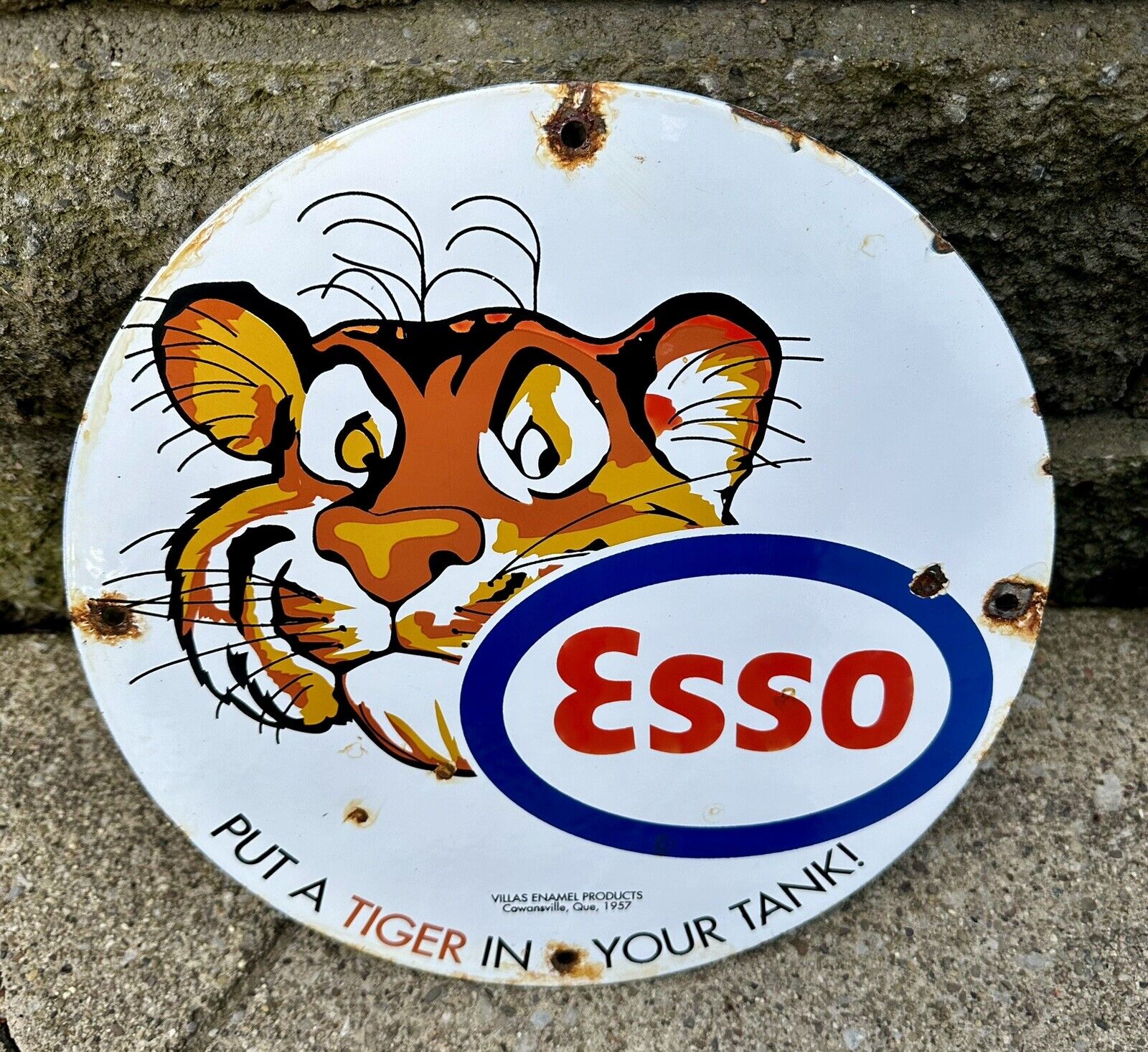 Vintage Esso Gasoline Porcelain Tiger Suit Gas Service Station Auto Tank Sign