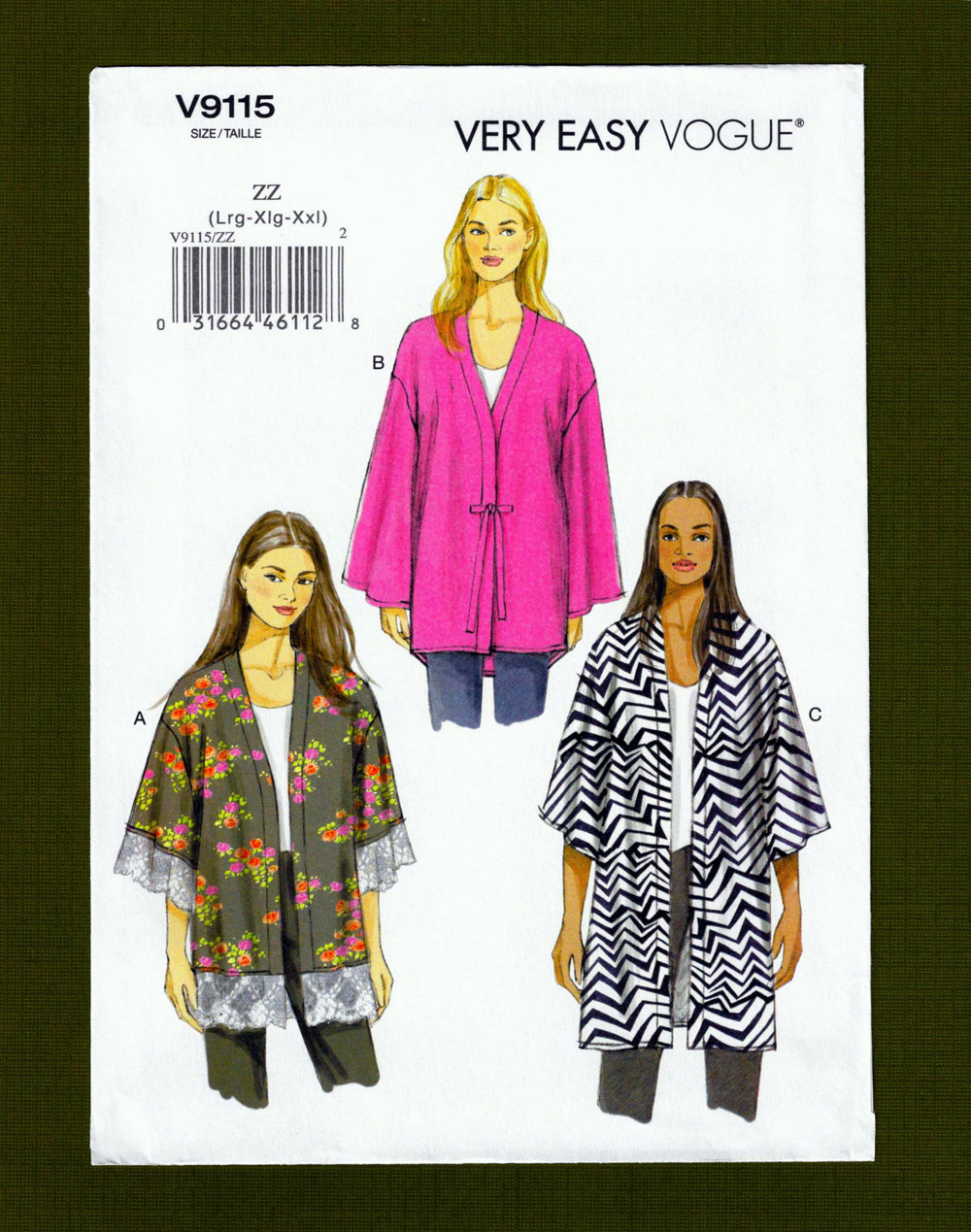 Very Easy Kimono Jackets Sewing Pattern~3 Styles (Sizes L-XXL) Vogue 9115~OOP