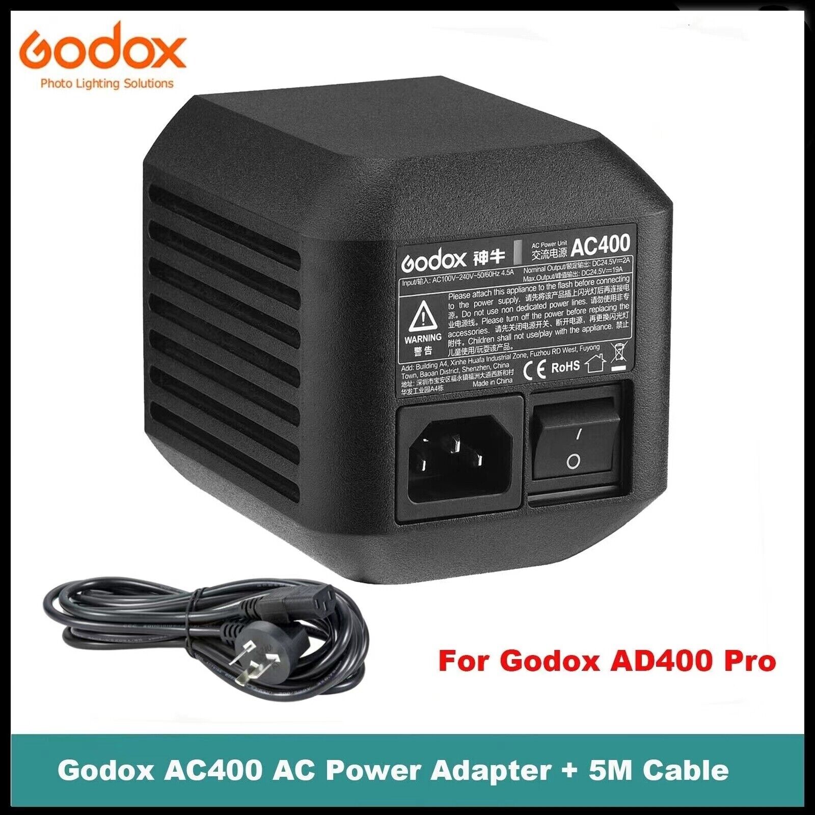 Godox AC400 AC Power Unit Source Adapter with 5m Cable for Godox AD400 Pro Flash