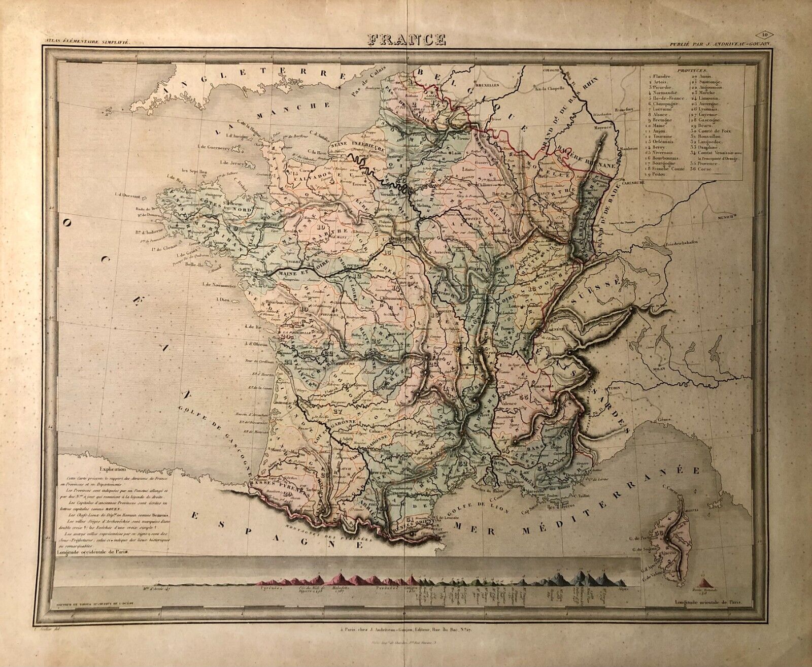 Antique c. 1859 Hand Colored Map of France Andriveau-Goujon