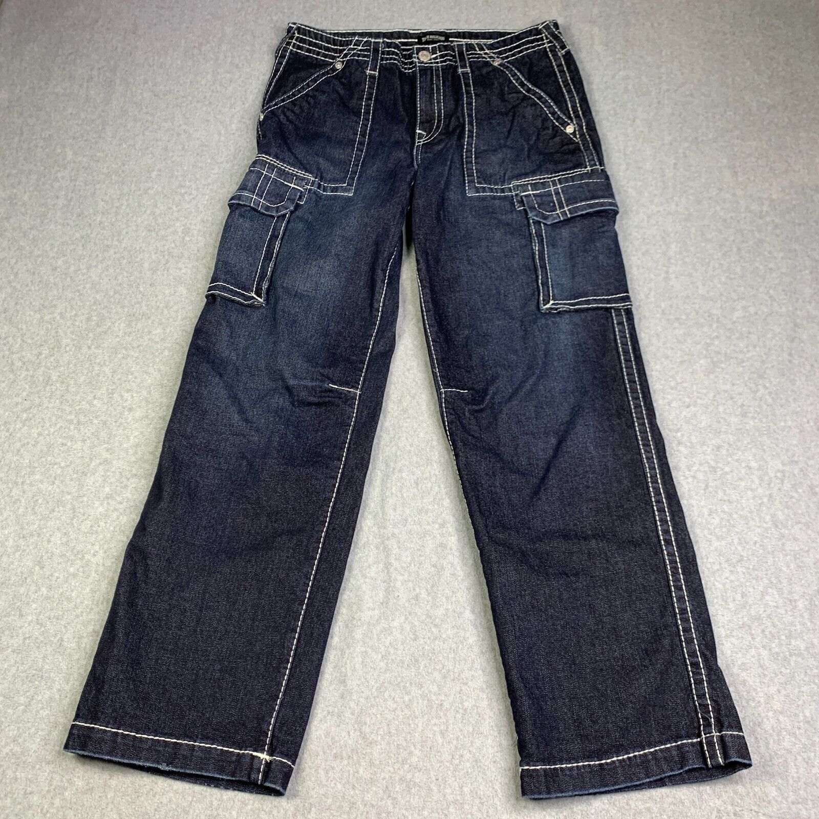 True Religion Pants Mens 35x31 Dark Wash Cargo Jeans Distressed Big Stitch