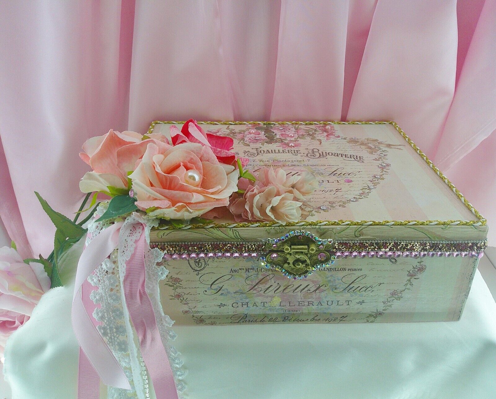 Shabby Chic Victorian LG Wooden Memory Box~French Theme~AB Rhinestones~Lace~Rose