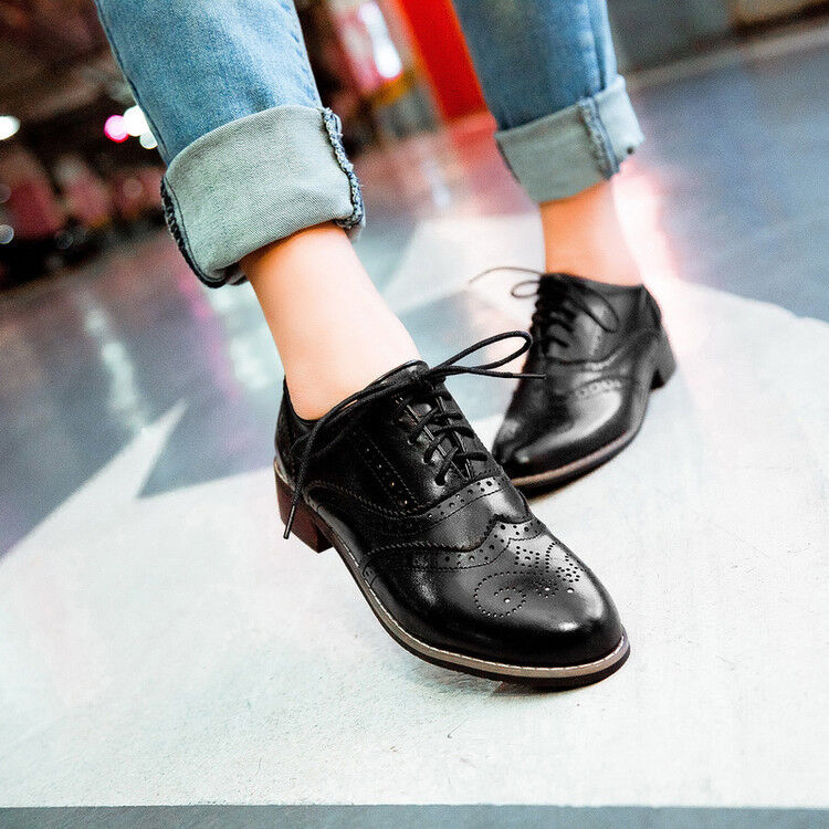 Vintage Women Brogues Lace Up Girls School Oxford Flats Wingtip Low Heel Shoes