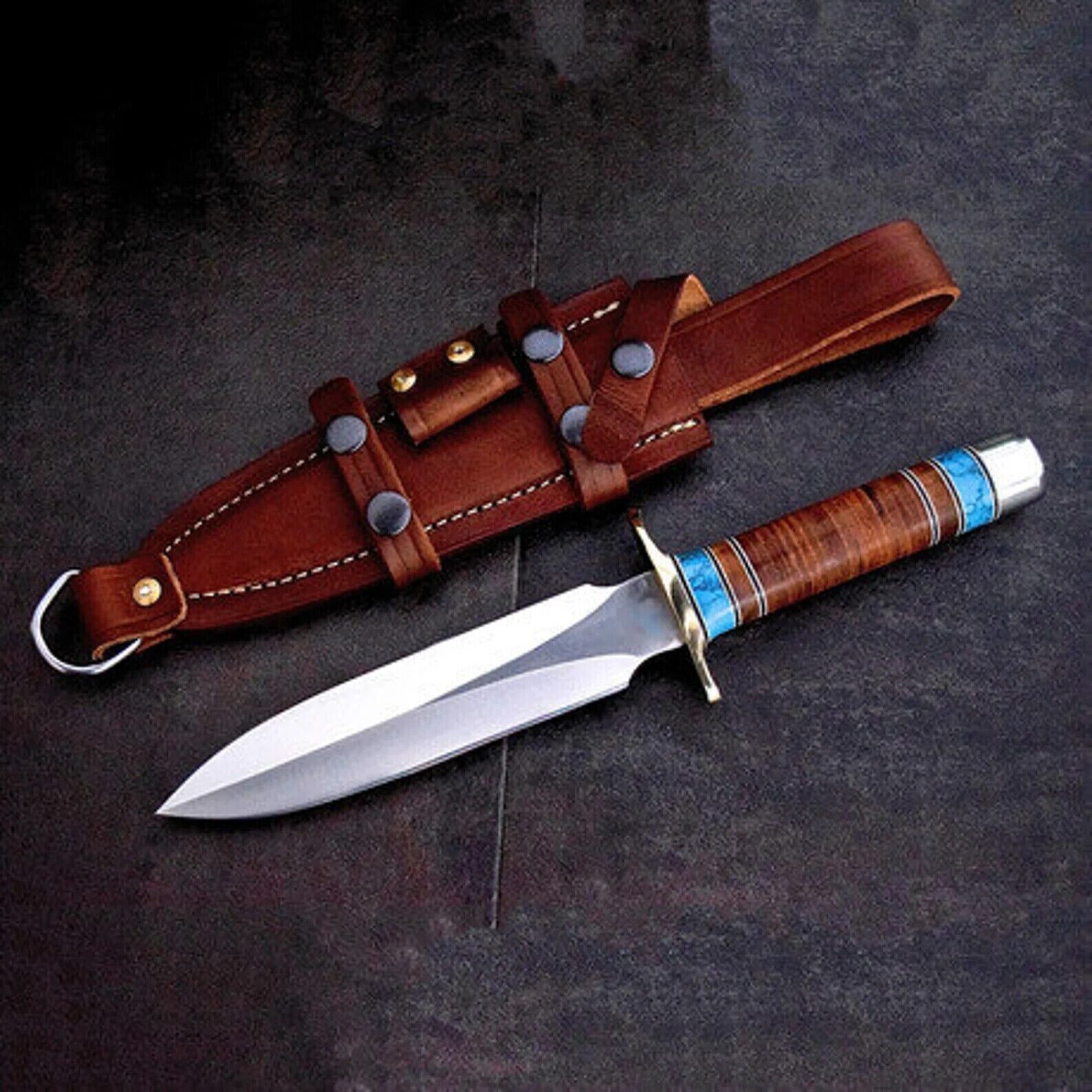 CUSTOM HANDMADE D2 TOOL STEEL HUNTING DAGGER KNIFE WITH STACKED LEATHER HANDLE