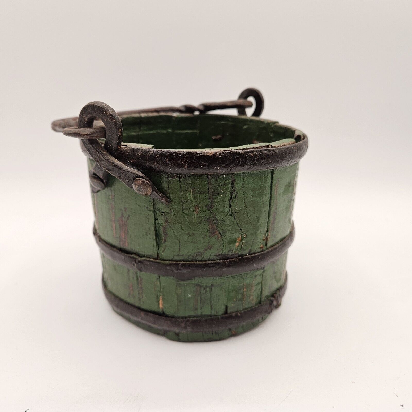 Antique French Berry Bucket Wood Basket Mini Naive Primitive Stave Iron Handle