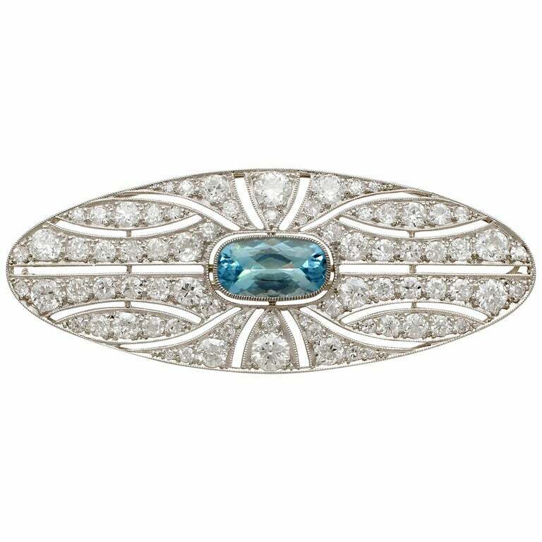 Stunning French Antique 2.86 Carat Aquamarine With 5.CT Clear CZ Vintage Brooch