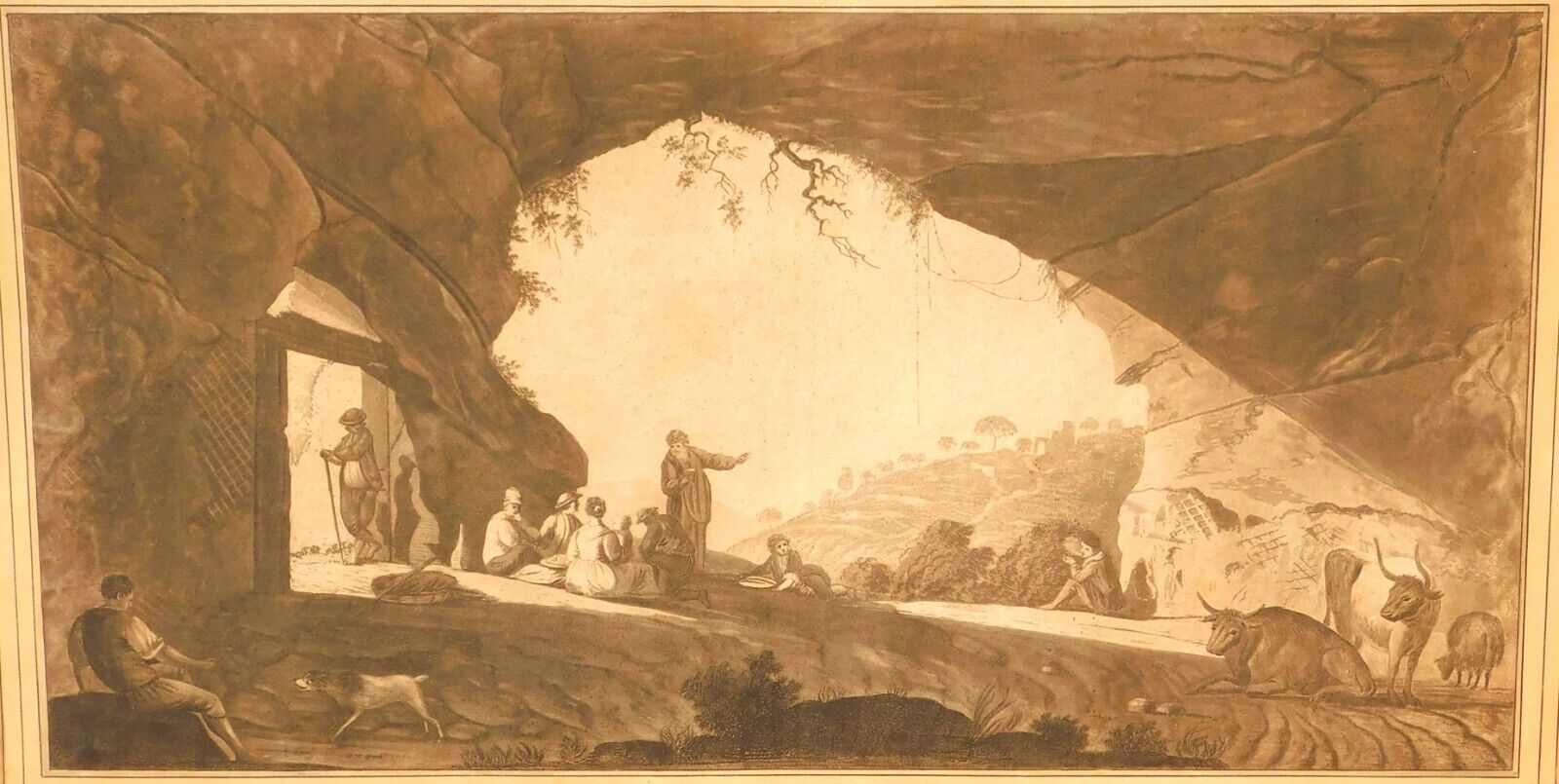 Antique 18th century watercolor Pausilippo 11 x 22