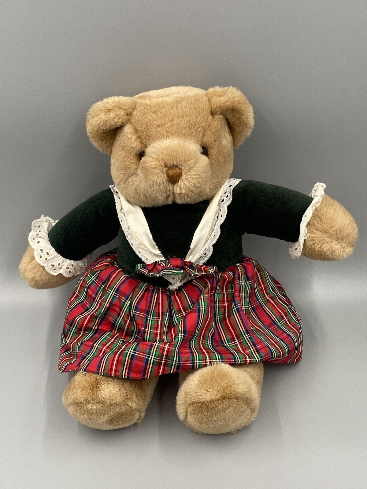 VTG 1990 Commonwealth Stuffed Teddy Bear 15” Plush In Christmas Plaid Dress