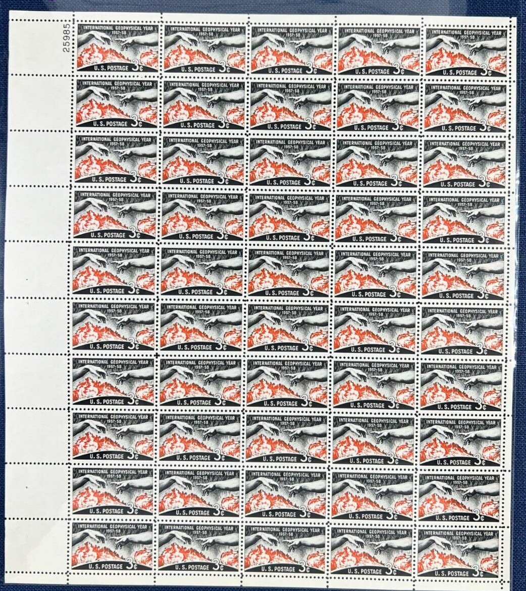 Scott 1107 - 1958 Geophysical Year Full Sheet of 50 US 3¢ Stamps MHN