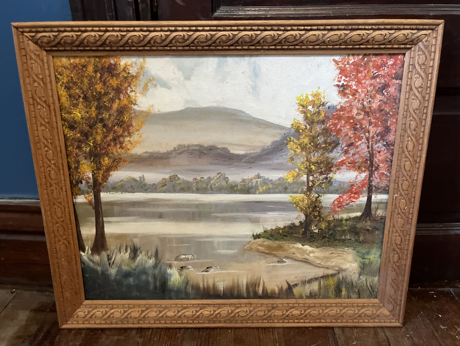 Hoosier Salon Indiana Brown County Landscape Oil Painting Wood Craved Frame