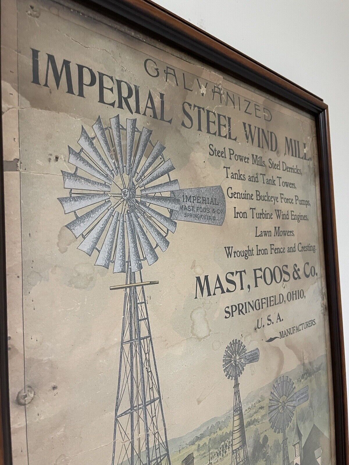 Vintage 1890’s Mast, Foos & Co. Windmill Advertisement, Framed