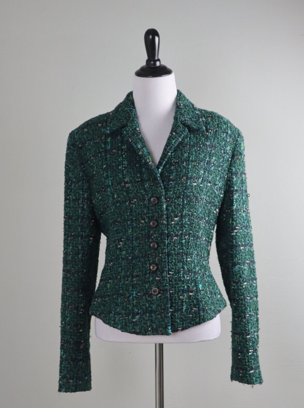 CARLISLE $498 Green Textured Fringe Tweed Wool Structured Jacket Top Size 8