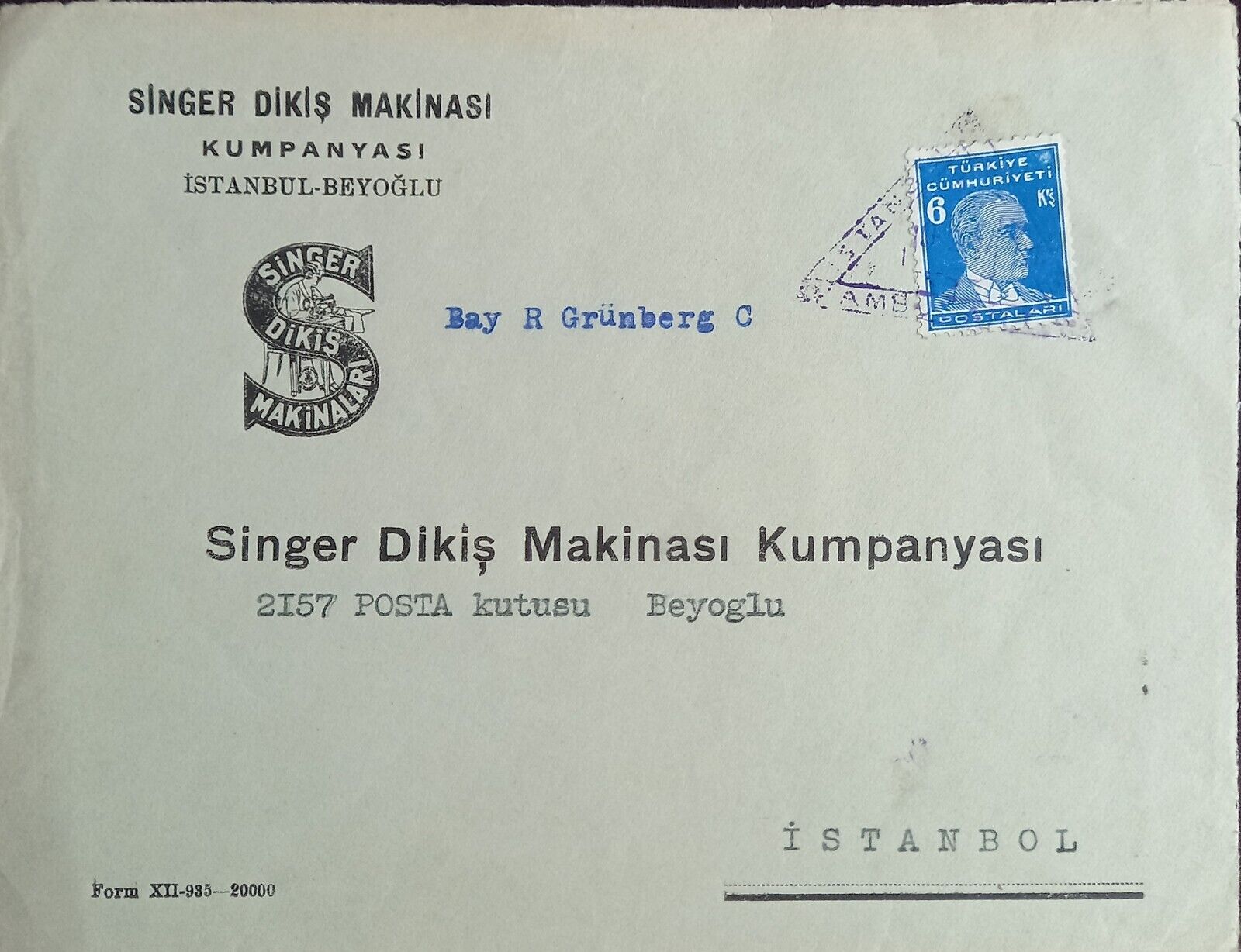 TURKEY 1937 SINGER COVER ADANA-İSTANBUL TRAIN BURAMBULANT CANCEL RRR