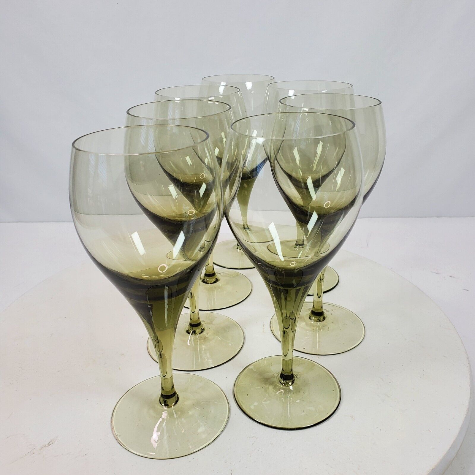 Vintage Mid Century Green Stemmed Wine Glass 7 Inch Tall SET of 7