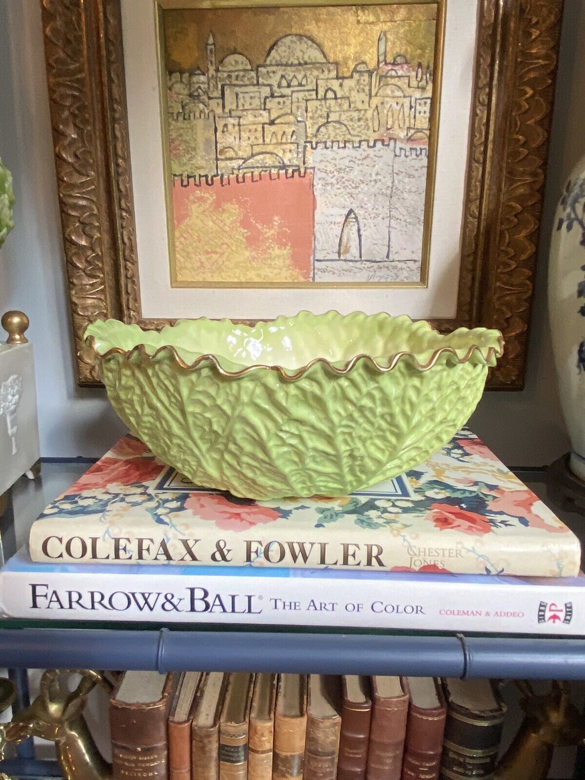 Antique Copeland England Porcelain Cabbage Lettuce Bowl Scalloped Gold Gilt
