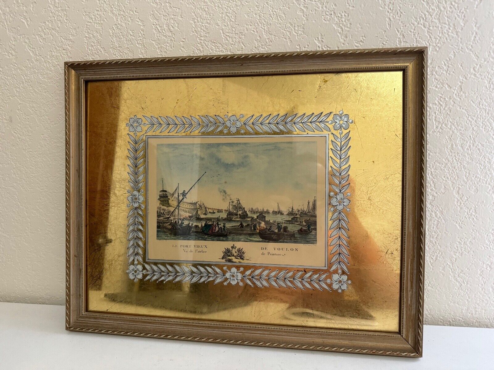 Antique Le Port Vieux de Toulon Engraving Print w Frame w Painted Gold & Flowers
