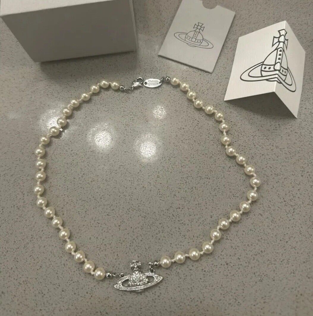 Authentic Vivienne Westwood Mini Bas Pearl Choker Silver Crystal Orb Necklace