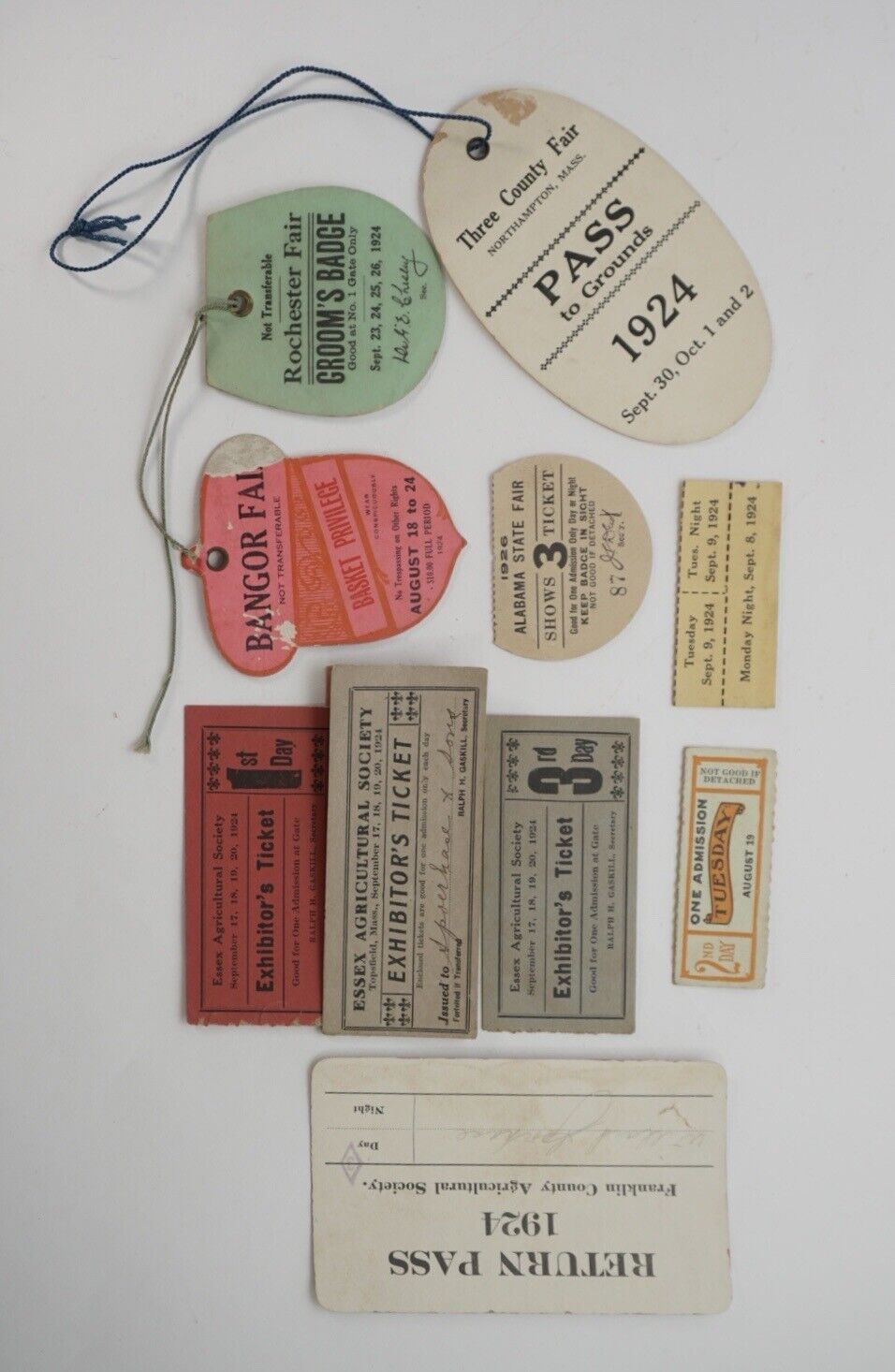 Antique 1920s County & State Fair Badges and Ticket Stubs (MASS,Maine,NY)