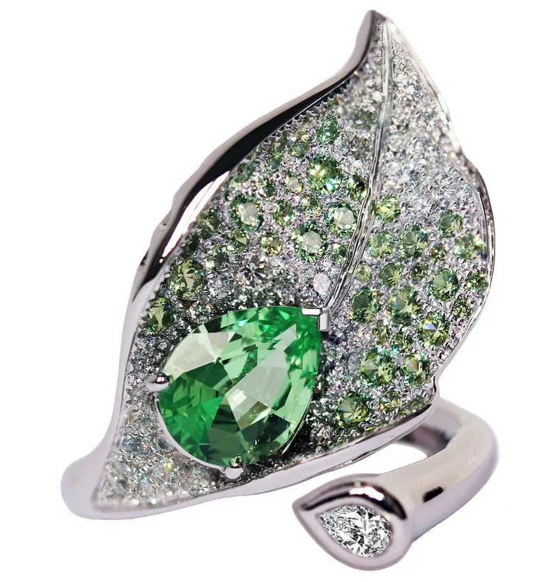 Handmade Huge Leaf Design Vivid 1.94CT Green Emerald & White 0.9CT Diamonds Ring