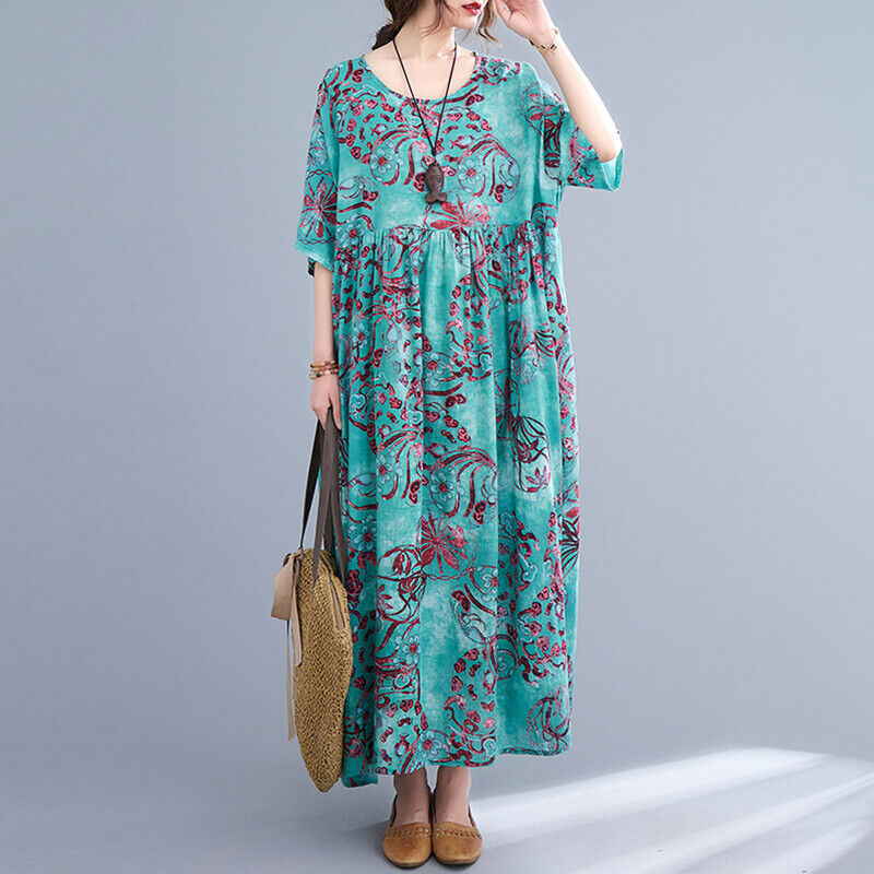 Women\'s Casual Loose Vintage Floral Print Long Maxi Shirt Dress Kaftan Sundress