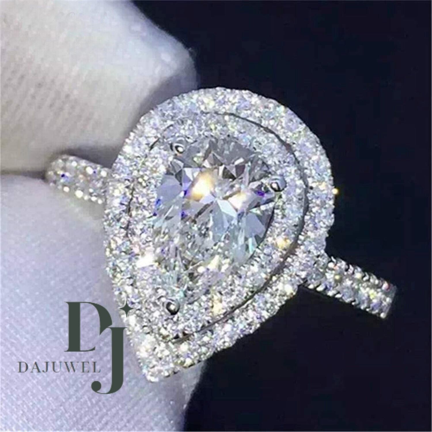 3 CT Pear Cut Moissanite Double Halo Engagement Ring Solid 14K White Gold VVS1