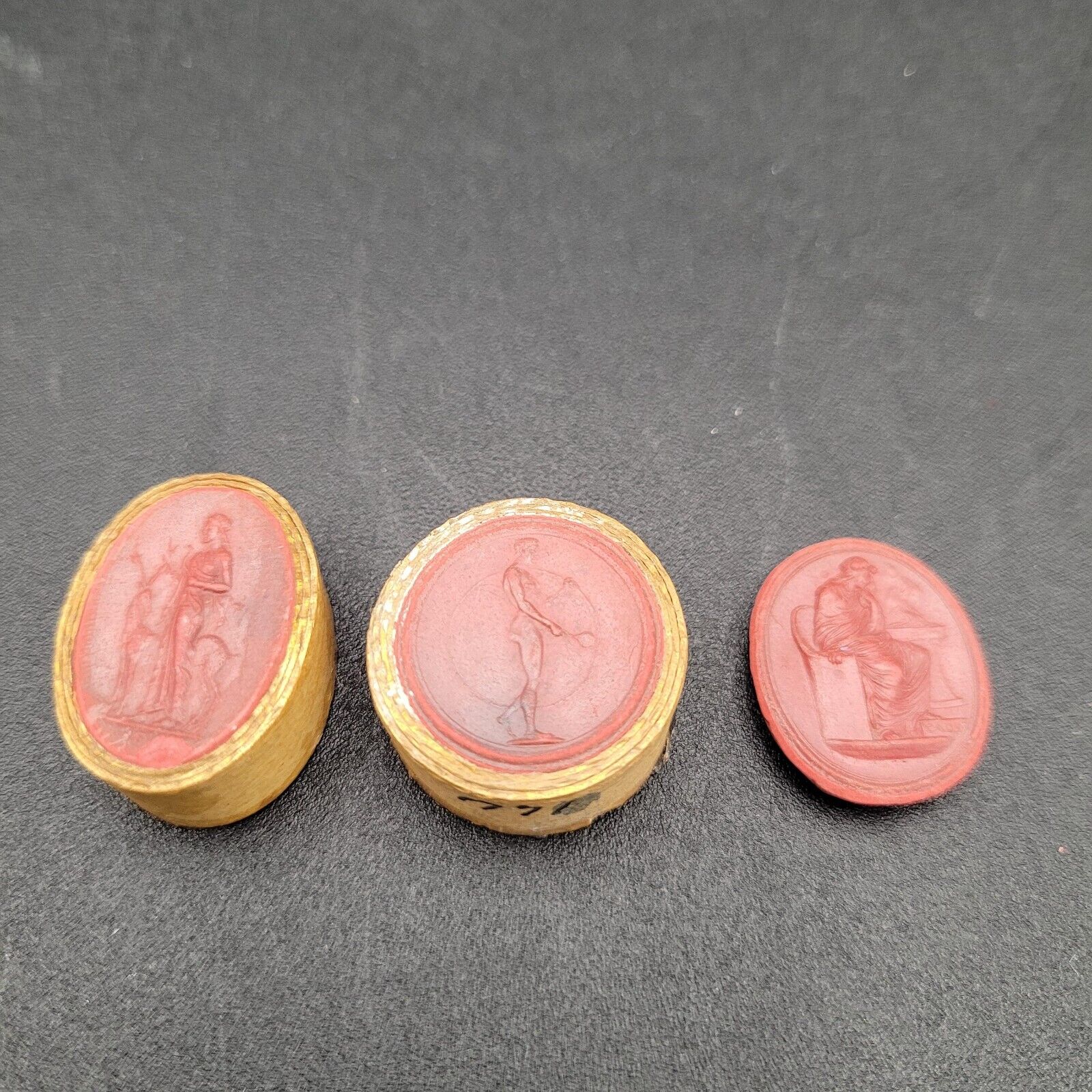 Three Antique c1800s Classical Red Wax Intaglio Art Cameos Italian Roman Gods