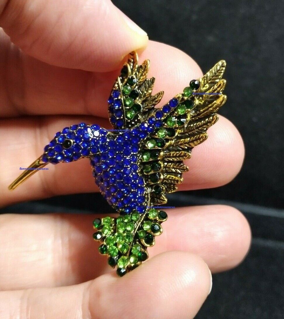 Hummingbird Crystal Rhinestone Blue and Green Pin Pendant with Gold Bag