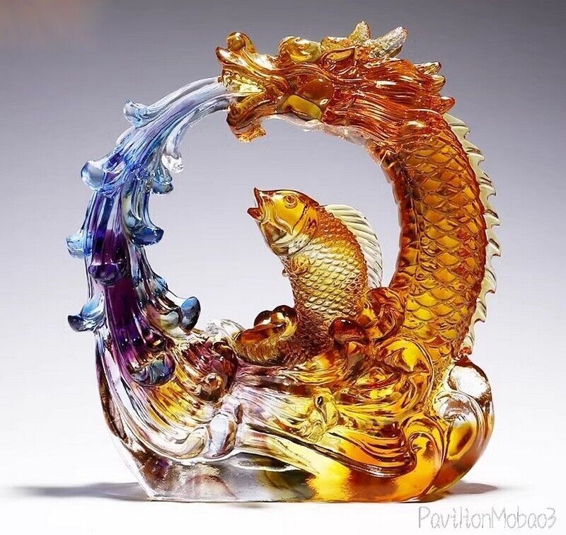 Chinese Liu Li Crystal Glass Fish Dragon Beast Auspicious 鱼跃龙门 Statue Feng Shui