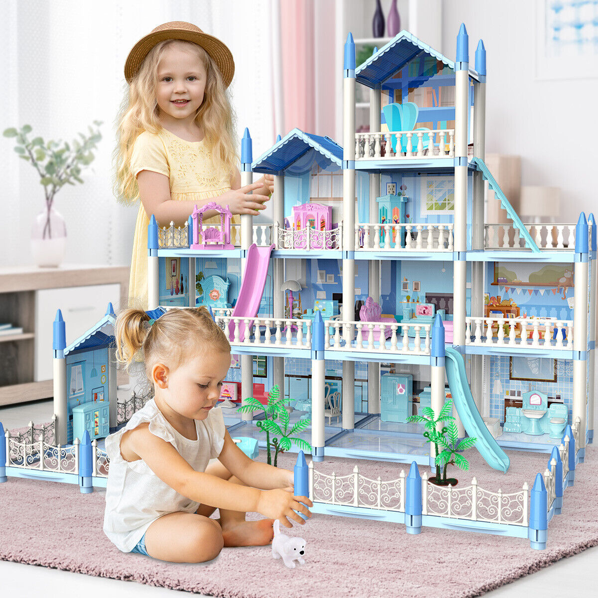 14 Rooms Huge Dollhouse with 2 Dolls Doll House + Colorful Lights Gifts for Girl