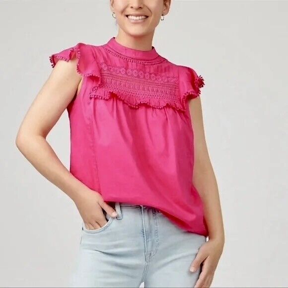 J. CREW Pink Flutter Sleeve Crochet Lace Top Blouse Mock Neck Embroidered Small
