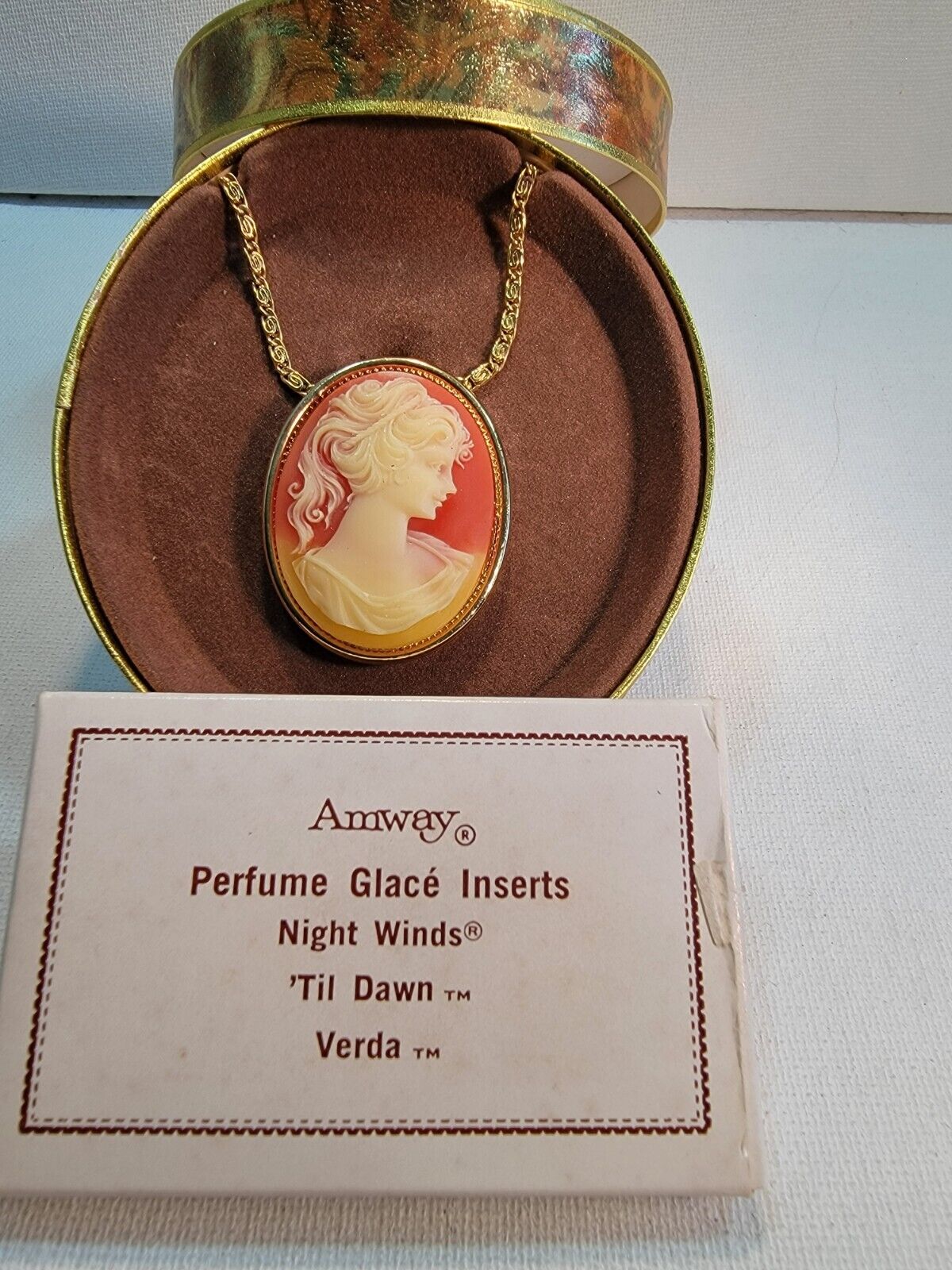Vintage Amway Brooch Pin Necklace Cameo Perfume Pendant Locket With Box&Inserts