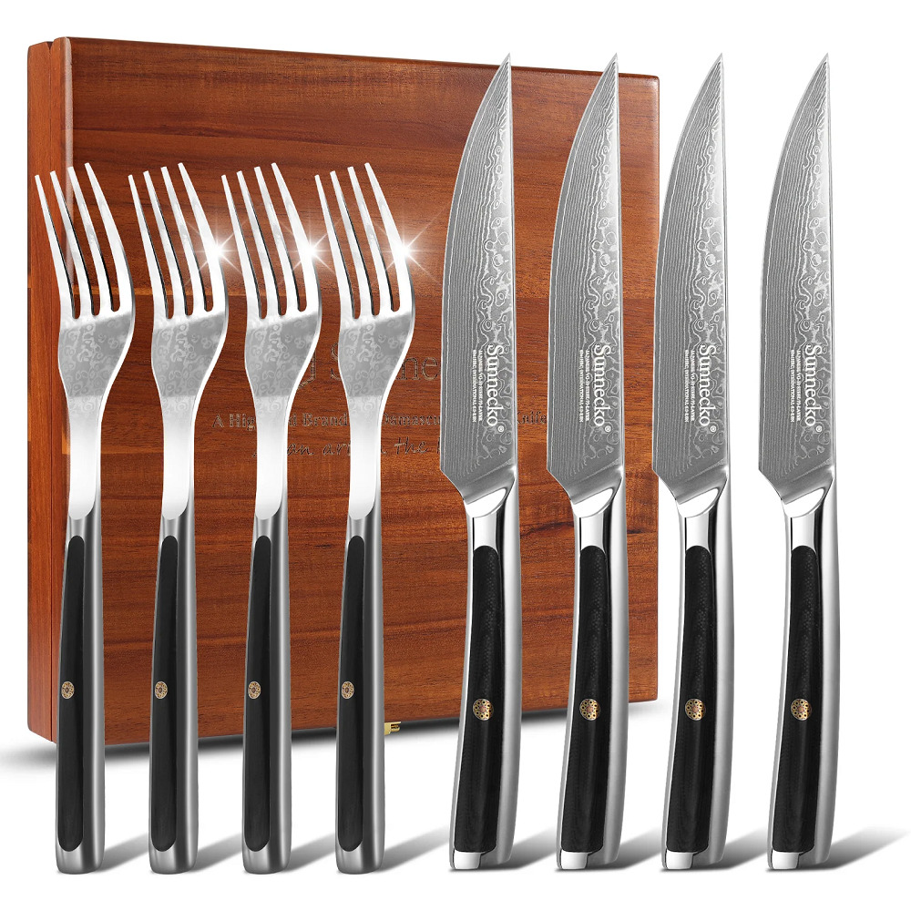 8PCS Steak Knives Set and Fork Non Serrated Dinner Knife Set Damascus Steel