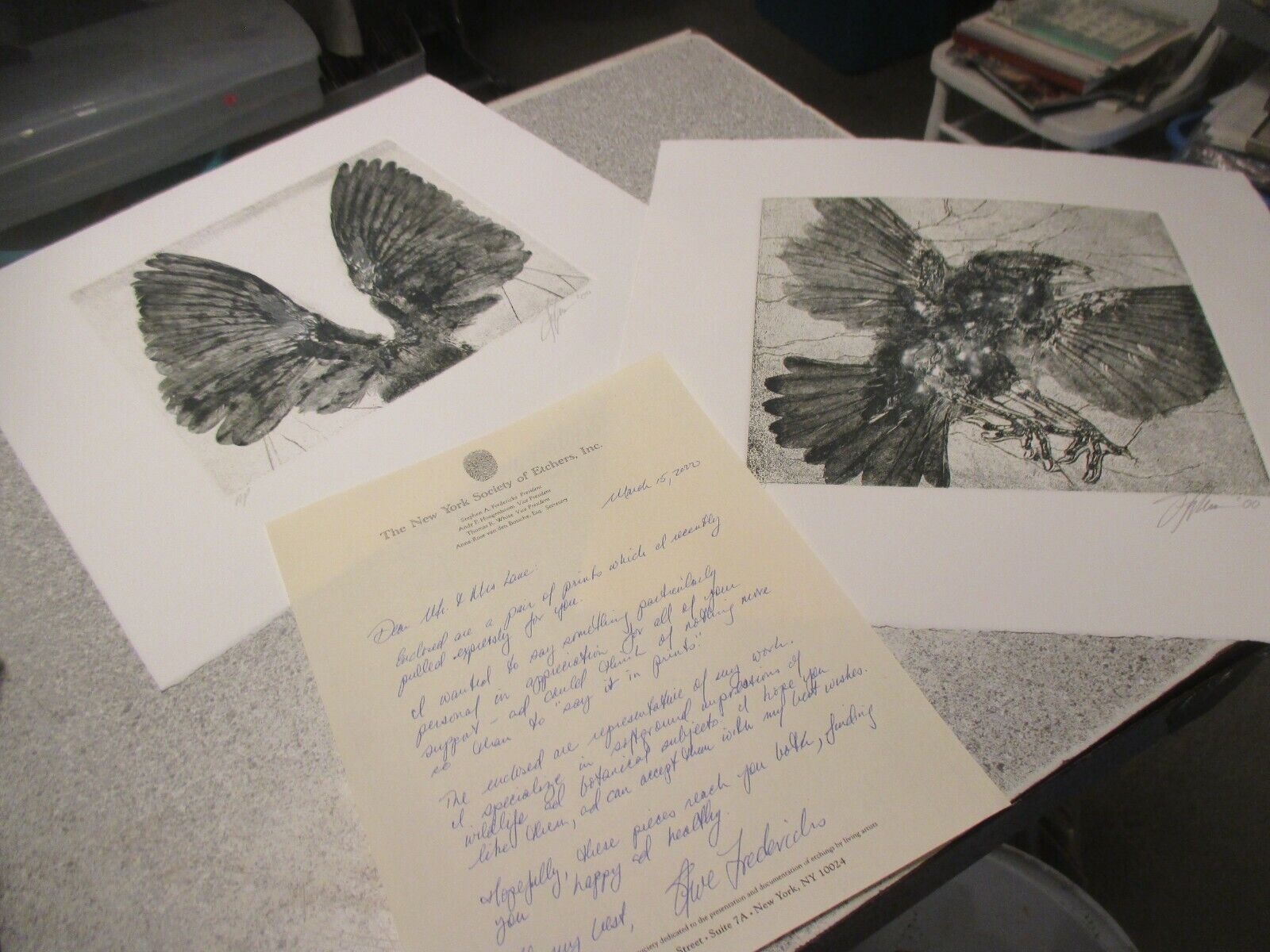 Lot of 2 Stephen A Fredericks etching od birds wings with signed letter AP NY