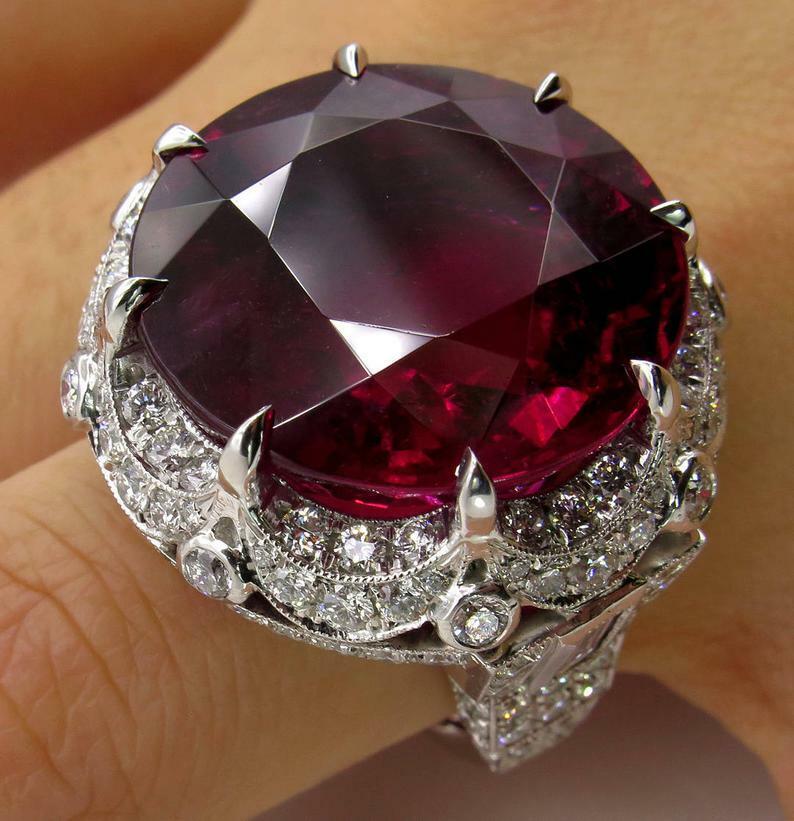 Huge Vintage Lab-Created 53.20CT Round Red Ruby Gorgeous Round 925 Silver Ring