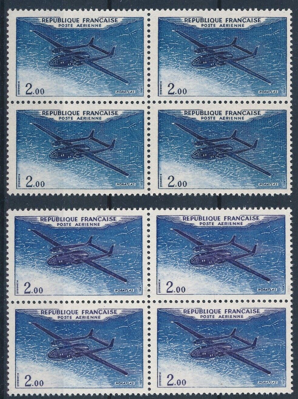 France 1960 airmail - Yvert PA38 the 2 shades very fine MNH stamps in blocks 4