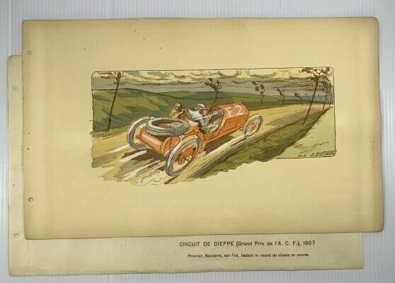 Rare 1907 Ernest Montaut Original Lithograph - Grand Prix Fiat Circuit De Dieppe