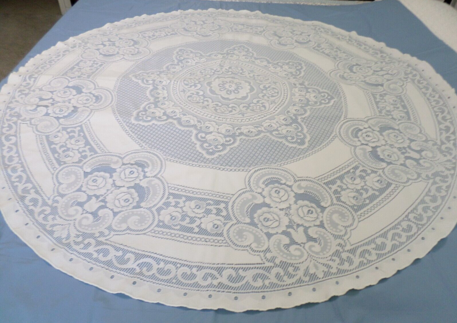 NEW~WHITE ROUND FLORAL ROSE POLYESTER W/ROLLED FINISHED EDGES TABLECLOTH 61 IN