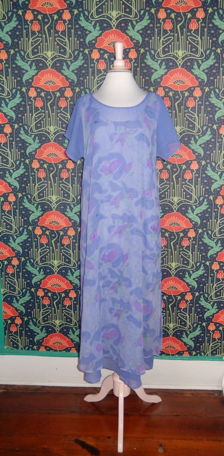 Vintage 90\'s Y2K Sheer Blue Floral Artsy Kloz Lyne Cottagecore Midi Dress