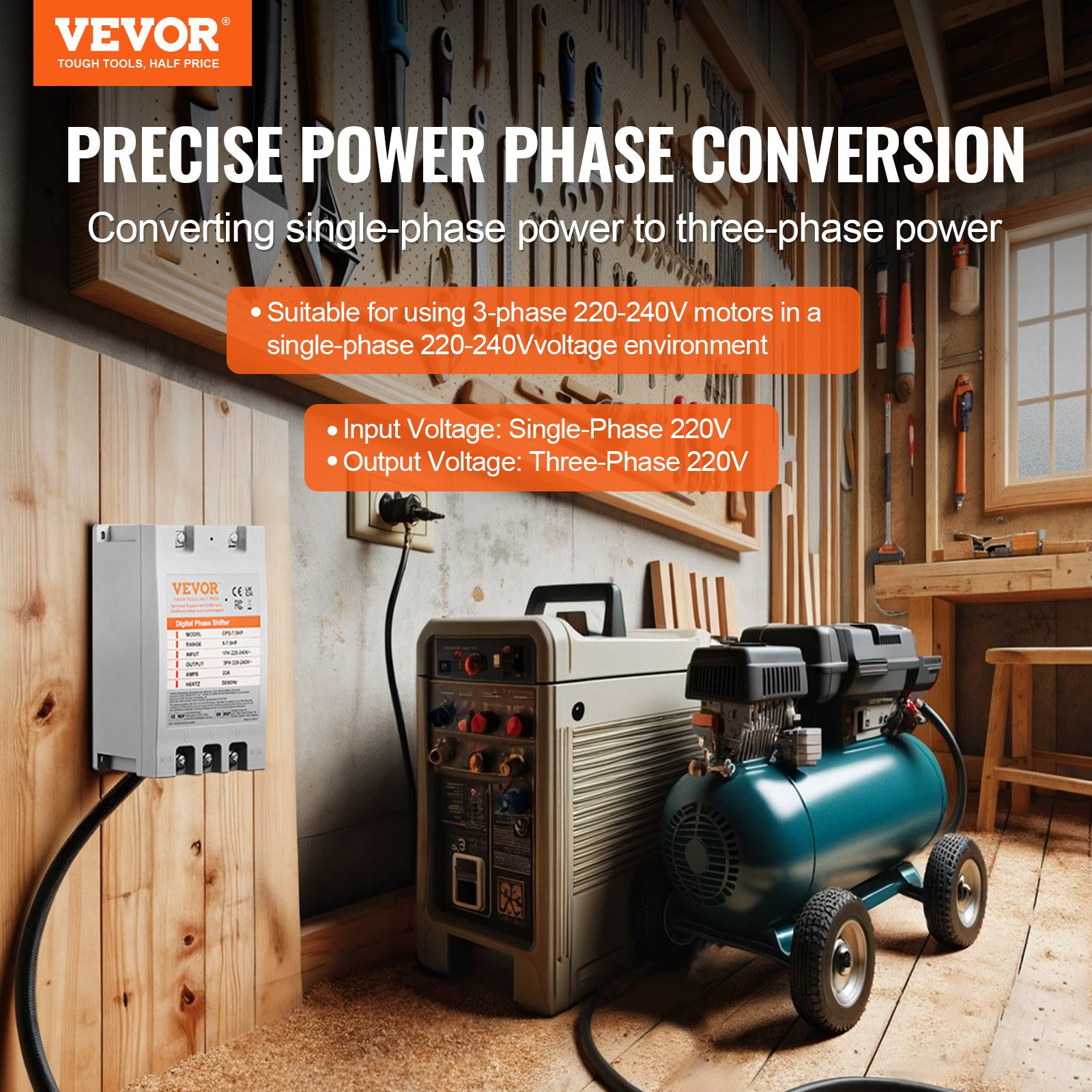 VEVOR 3 Phase Converter- 7.5HP 23A 220V Single Phase to 3 Phase Converter, Digit