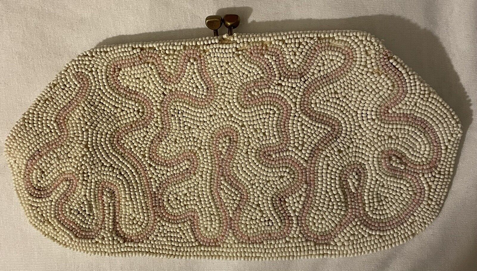 1930’s Antique Sharonee Japanese Hand Beaded Clutch In Ivory & Cherry Blossom