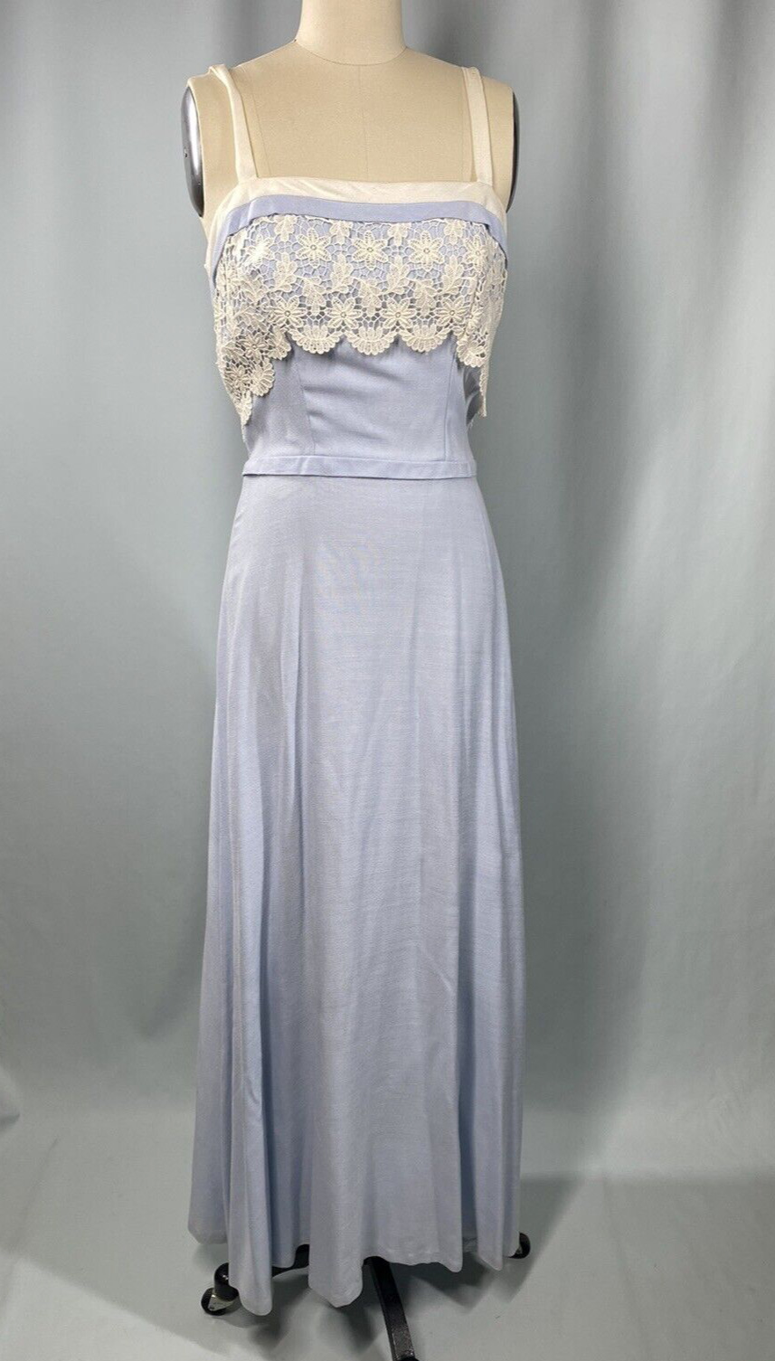 Vintage Nightgown SIZE SMALL blue linen long maxi SYLVIA ANN 60s 70s lace