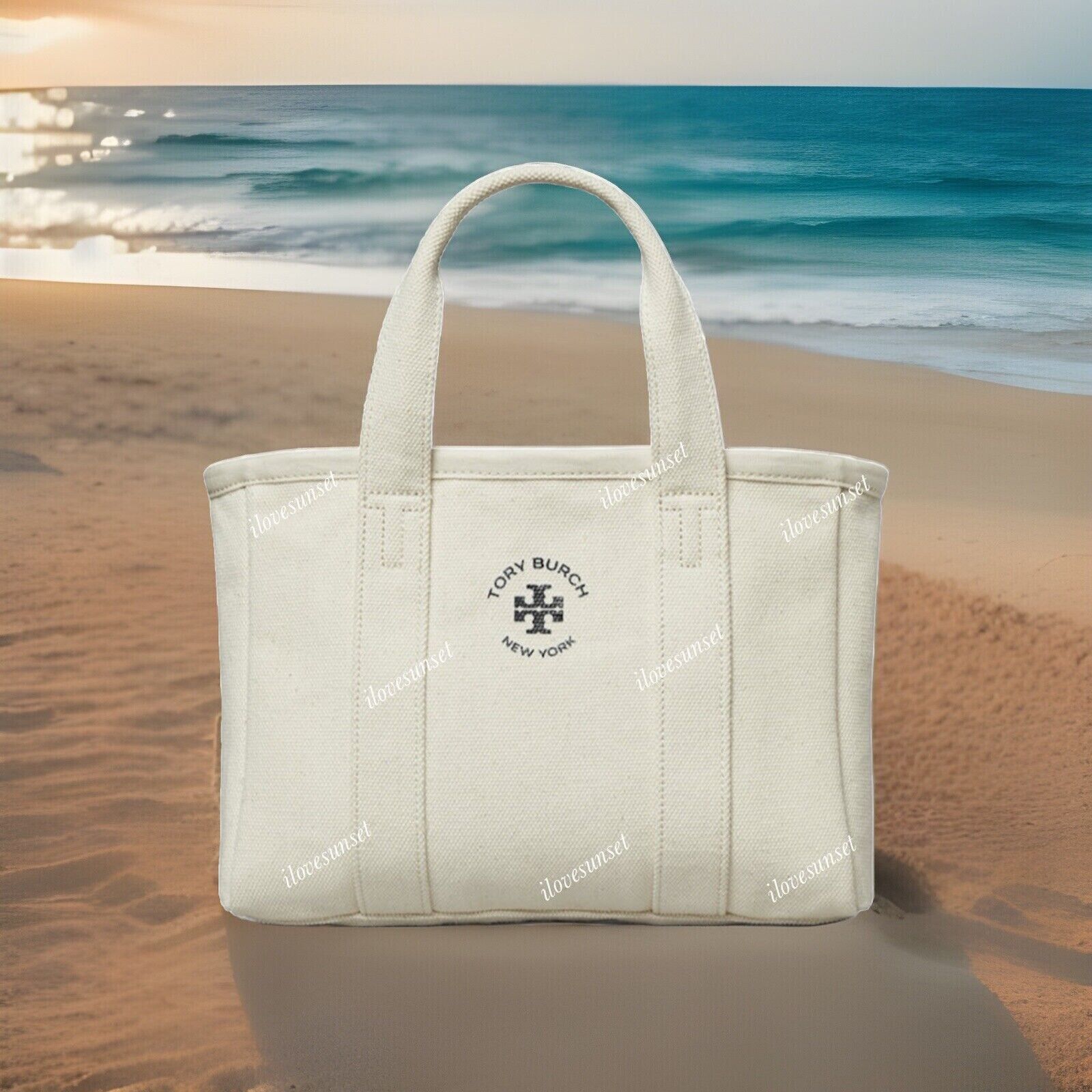 NWT {Tory Burch} Natural Canvas Tote Bag Double Top Handle Bag Summer/Beach Bag